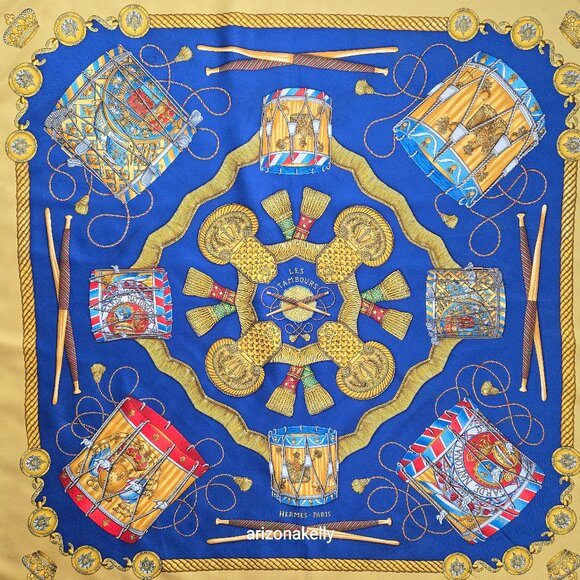 Hermès 'Les Tambours' Silk Scarf Gold Yellow - Picture 1 of 15